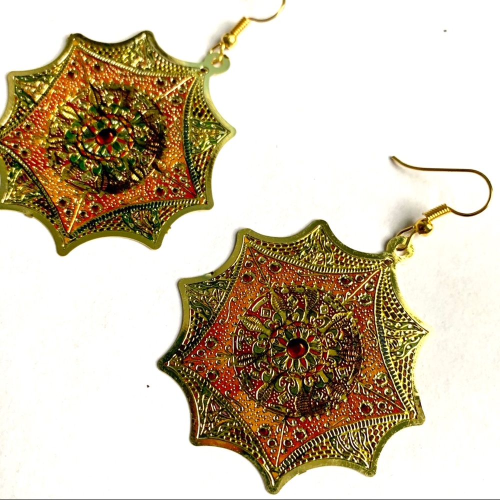 Gold Byzantine Flower Medallion Sun Drop Earrings
